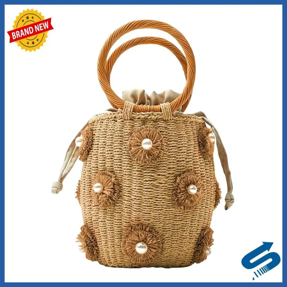 Straw Bucket Tote Bag Hand Woven Rattan Shell Pearl Flower Drawstring Purse